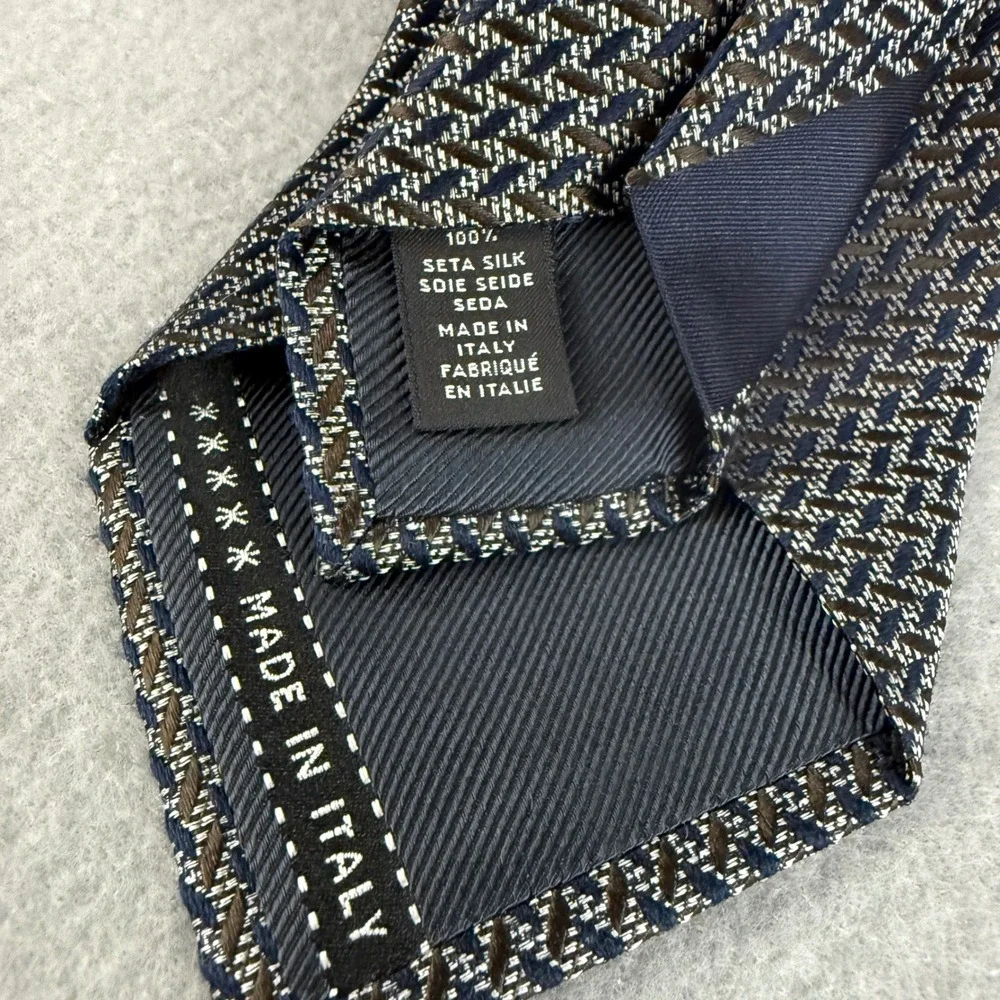 Ermenegildo Zegna Mens Silk Tie Navy Blue Brown Geometric Made in‎ Italy Luxury